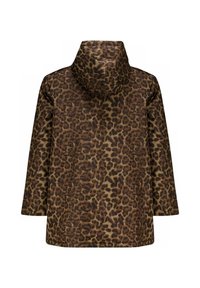 Manteau à imprimé léopard dans des tons de marron et de beige, doté d'une capuche, de manches longues et d'une coupe droite avec des détails de couture.