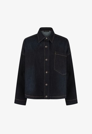 Veste en denim noire avec boutons-pression argentés, col pointu, manches longues et une seule poche poitrine avec surpiqûres contrastantes.