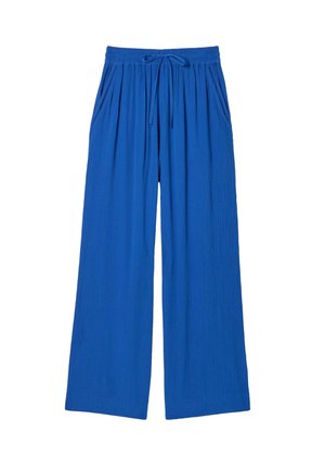Leichte, weit geschnittene Hosen in leuchtendem Blau mit strukturiertem Stoff, elastischem Bund, Kordelzug und Seitentaschen.