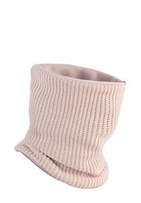 Knitted infinity scarf in soft blush pink. Features a ribbed texture with a smooth interior lining, designed for warmth and comfort.