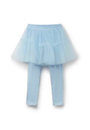 Hellblaue Tüllröcke mit gestuften Rüschungen, die an passenden blauen Leggings befestigt sind. Weicher Stoff; elastischer Bund für zusätzlichen Komfort.