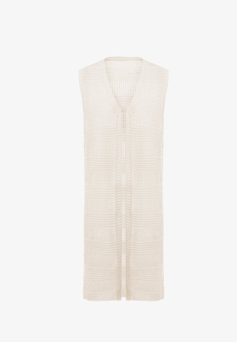 Strick-Weste mit offenem Vorderteil in Off-White, mit einem strukturierten Muster aus abwechselnden Streifen. Ohne Ärmel, mit lockerer Passform und mittellangem Design.