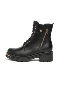 Botte chevilles en cuir noir avec lacets à l'avant, fermeture éclair décorative dorée et détail de bouton, semelle épaisse et petit talon carré.
