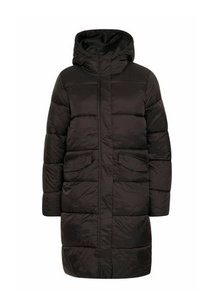 Black puffer coat with a hood, featuring horizontal quilted sections, two front pockets, and a full zip closure. Smooth, shiny fabric.