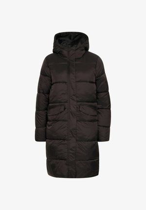 Giubbotto invernale nero con cappuccio, caratterizzato da sezioni trapuntate orizzontali, due tasche frontali e chiusura a zip completa. Tessuto liscio e lucido.