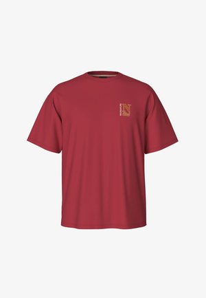 Red short-sleeve crew neck T-shirt with small beige and orange "Napapijri N Club" logo printed on the left chest.