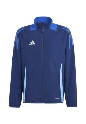 Veste zippée bleu marine avec des accents bleu clair, comportant trois bandes diagonales sur les épaules et une étiquette "AEROREADY" en bas.