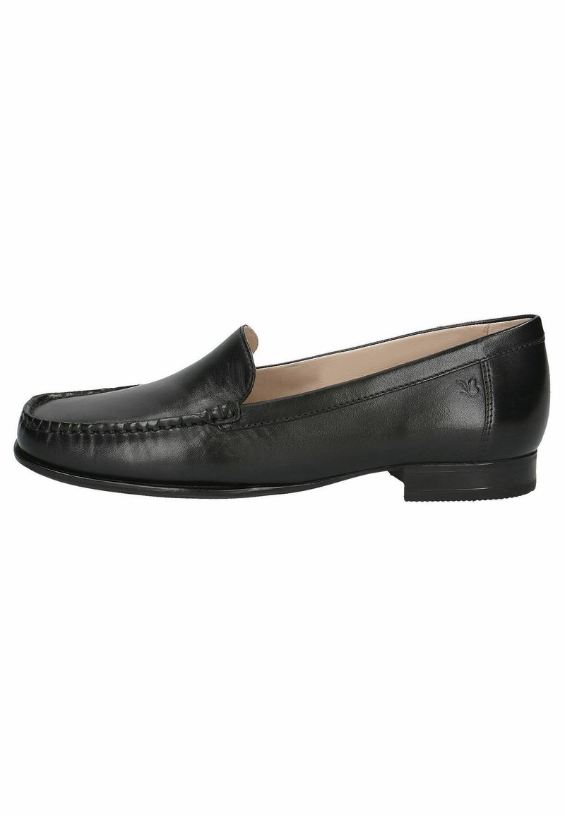Melnas ādas loafers ar gludu tekstūru, ar izšūtu detaļu pa priekšu un zemu papēdi. Minimalistisks dizains bez izteiktiem akcentiem.