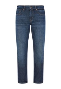 Jeans av denim i en mörkblå tvätt med rak passform, fem fickor och en klassisk knappstängning i midjan.