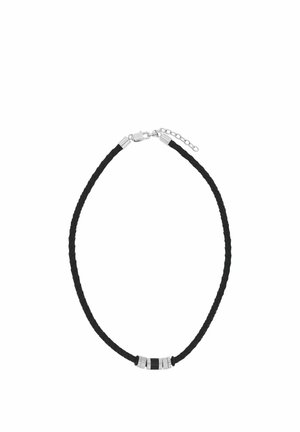 Zwarte gevlochten koordketting met zilveren cilindrische kralen en een zilveren sluiting met verstelbare ketting.