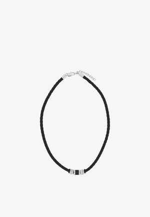 Czarny naszyjnik z plecionego sznurka z srebrnymi cylindrycznymi koralikami i srebrnym zapięciem z regulowanym łańcuszkiem.