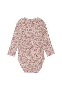 Body bébé à manches longues en tissu côtelé doux, avec un fond rose et un imprimé floral dans des teintes de violet et de vert.