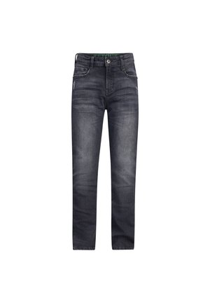 Donkerblauwe denim jeans met een rechte pijp, voorzien van lichte slijtage, vijf-pocket ontwerp en een knoopsluiting.