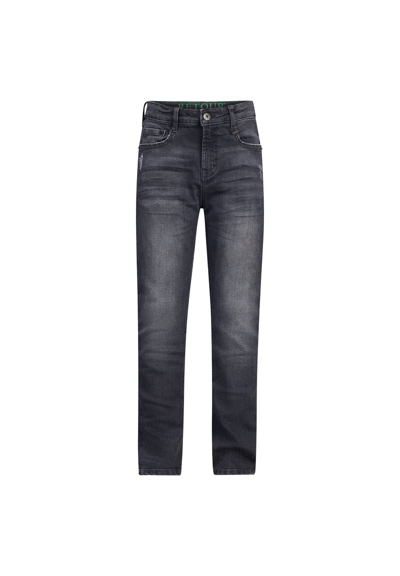 Jeans in denim blu scuro con gamba dritta, caratterizzati da leggeri segni di usura, design a cinque tasche e chiusura con bottone.