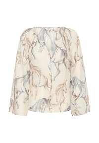 Camicia bianca con stampa di cavallo in tonalità blu e marroni, dotata di bottoni frontali, scollatura a V e maniche lunghe in tessuto a trama.