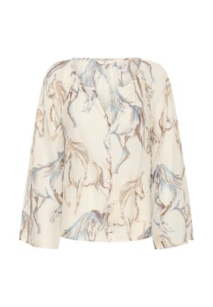 White shirt with a horse print in blue and brown tones, featuring a button front, V-neck, and long sleeves with a textured fabric.