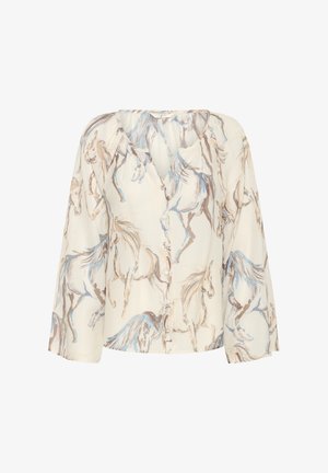 Valge särk, millel on sinises ja pruunis toonis hobuse print, nuppudega esiküljel, V-kaelus ja pikad varrukad tekstureeritud kangast.