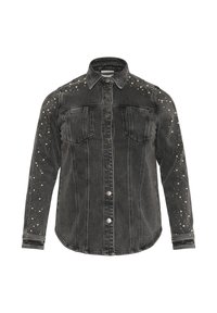 Giacca di jeans nera con chiusure a bottoni, due tasche sul petto e dettagli borchiati lungo le spalle. Tessuto spesso e colletto a punta.