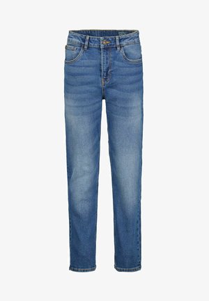 Blue denim jeans with a straight cut, featuring a button closure, five pockets, and subtle fading across the fabric. Classic stitching detail.