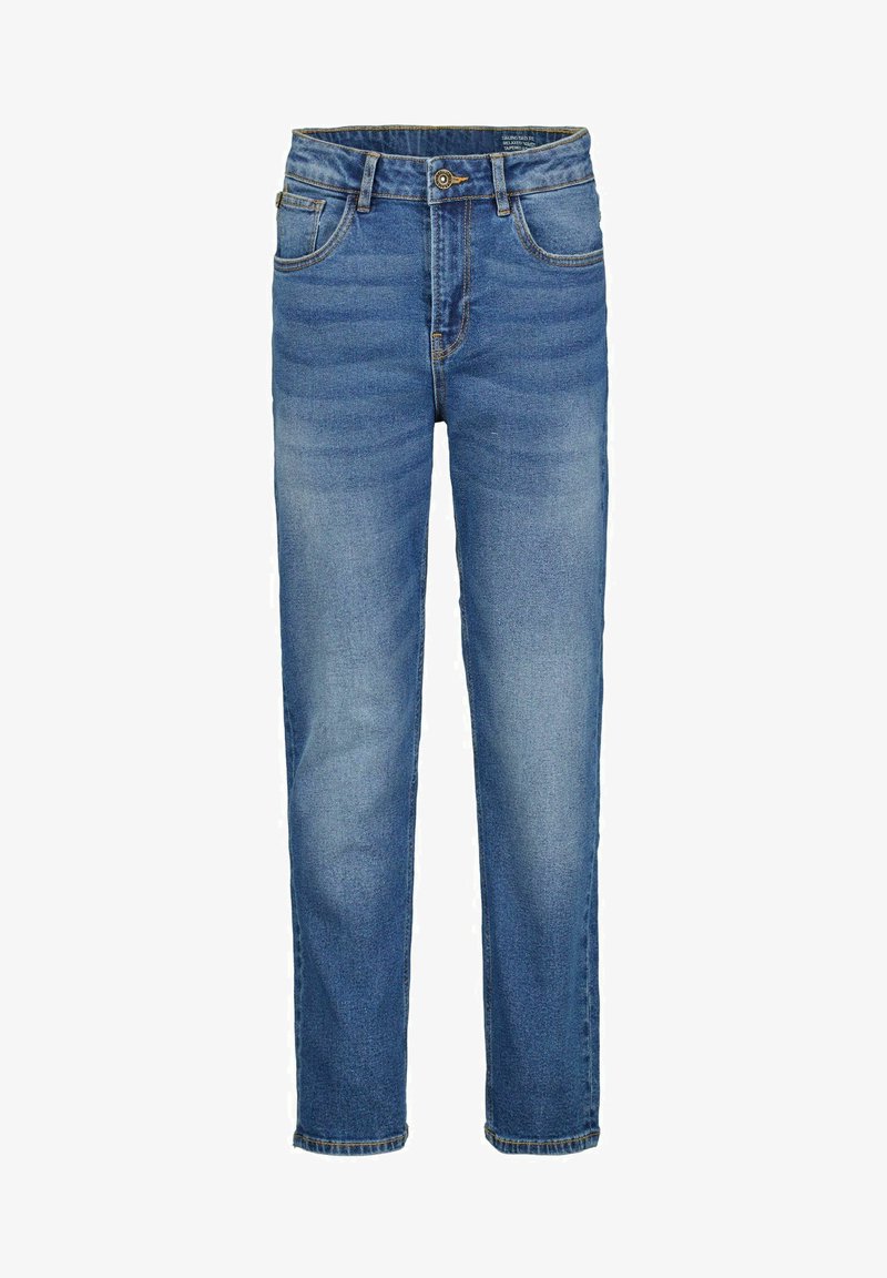 Jeans de mezclilla azul con corte recto, con cierre de botón, cinco bolsillos y un sutil desgaste en la tela. Detalle de costura clásica.