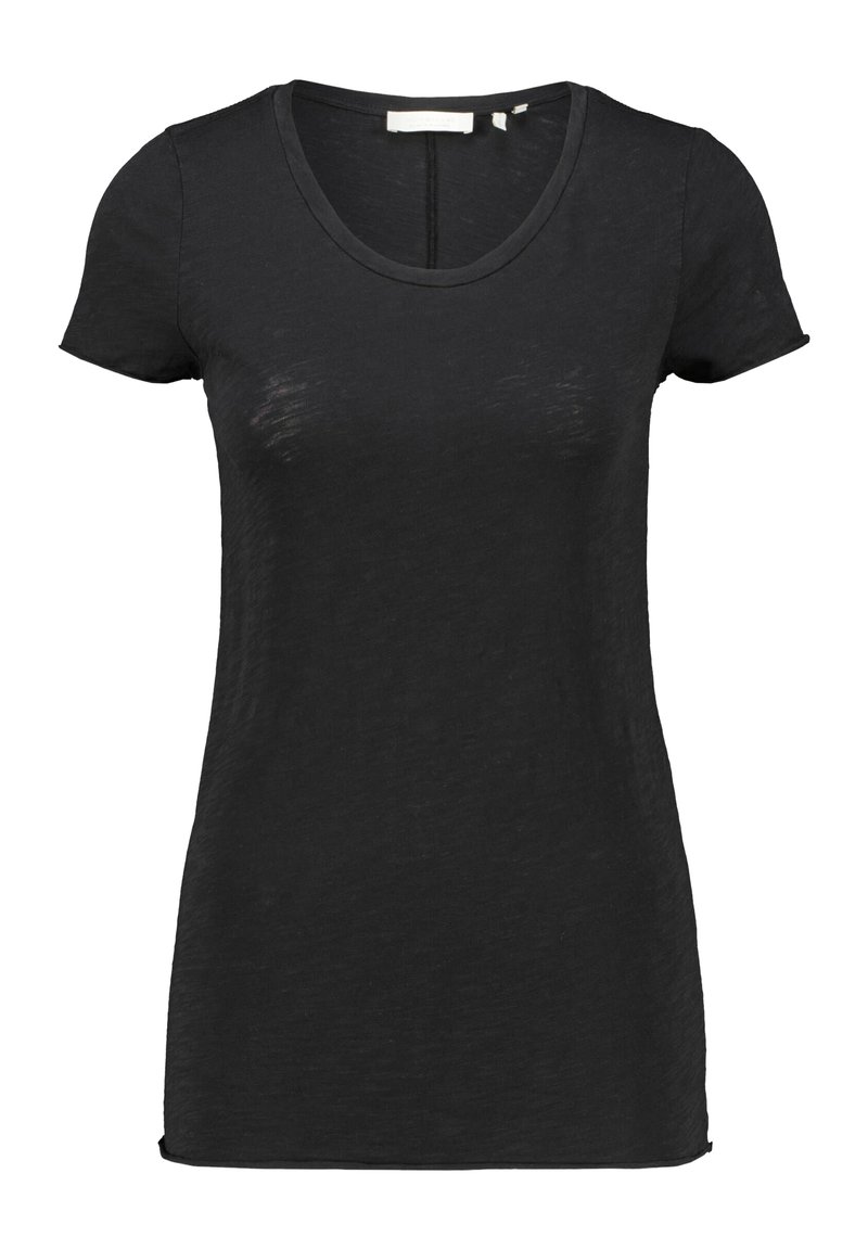 Zwarte T-shirt met korte mouwen en een ronde hals, gemaakt van een lichte, iets gestructureerde stof; heeft een rechte zoom en subtiele stiksels.