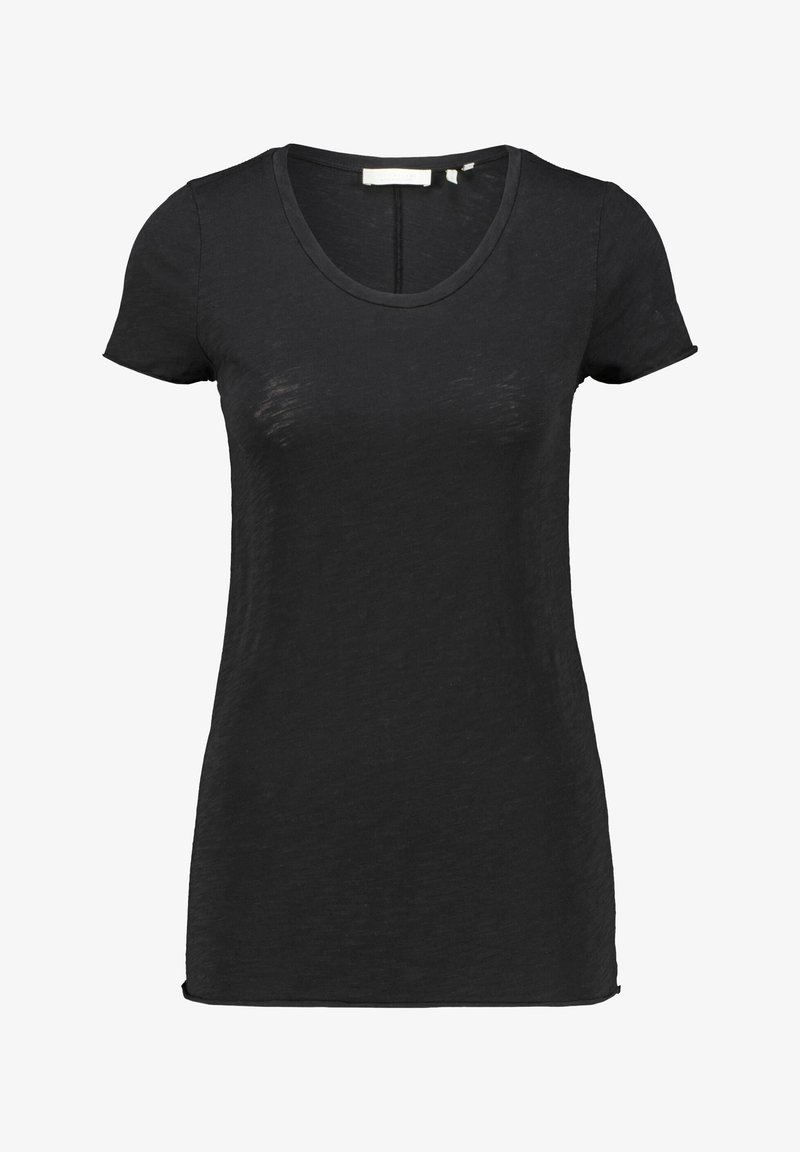 Zwarte T-shirt met korte mouwen en een ronde hals, gemaakt van een lichte, iets gestructureerde stof; heeft een rechte zoom en subtiele stiksels.