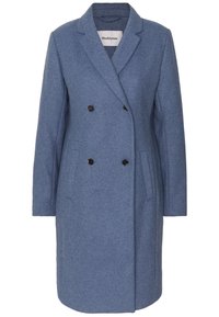 Doppelreiher aus blauer Wolle mit Reverskragen, zwei Fronttaschen und schwarzen Knöpfen, mit einer leicht strukturierten Oberfläche.