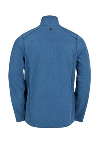 Blue fleece jacket, high collar, long sleeves, reinforced stitching, and smooth texture. Features a small logo on the back.
