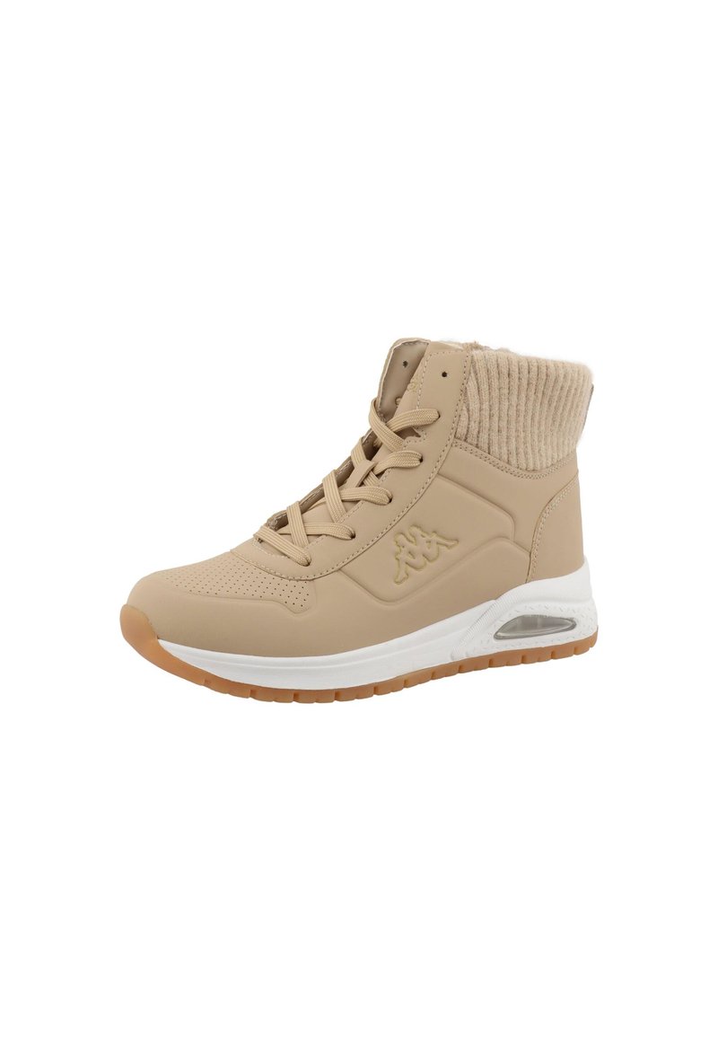Beige High-Top Sneaker aus synthetischem Material mit einem gerippten Strickkragen, Schnürung, weißer Zwischensohle und Gummiaußensohle.