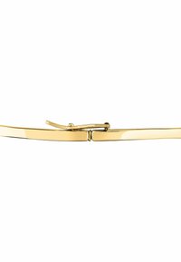 Goldfarbener Brillenrahmen aus Metall mit einem schlanken, dünnen Design und dezentem Branding an den Bügeln. Die Arme sind glatt und an den Spitzen leicht gebogen.