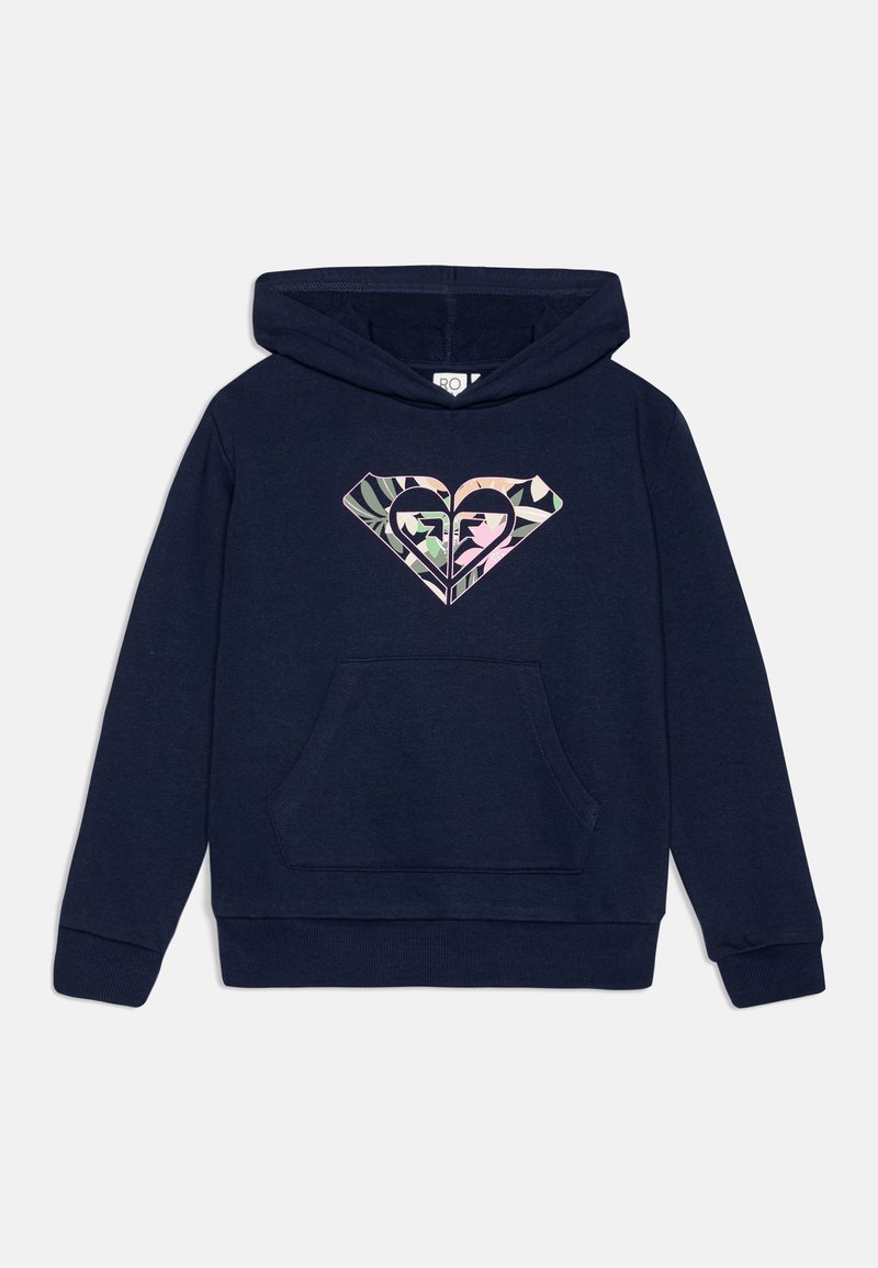 Sweat à capuche bleu marine avec poche kangourou devant et un logo en forme de cœur présentant des motifs de feuilles tropicales pastel.