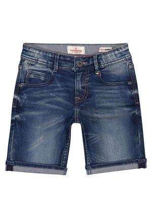 Denim shorts i mørkeblå med lys whiskering, fem-lommers design, opkrøllede manchetter og kontrastsyning. Mærkatet er synligt.