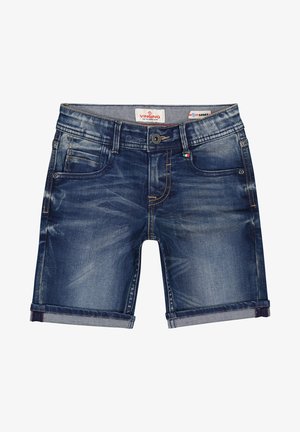 Jeansowe szorty w ciemnoniebieskim kolorze z jasnym przecieraniem, pięcioma kieszeniami, podwiniętymi mankietami i kontrastowym szyciem. Widoczna metka marki.