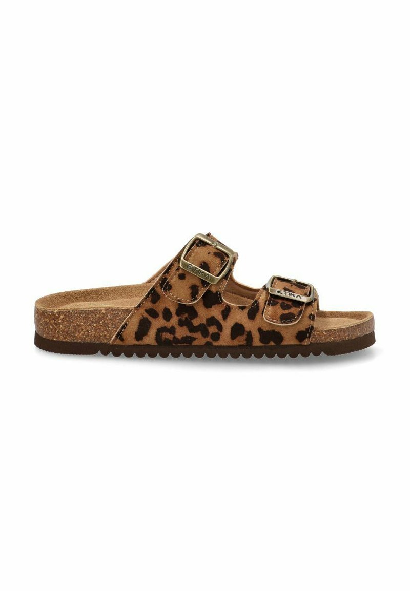 Sandalia de deslizamiento con estampado de leopardo, con dos hebillas ajustables, plantilla de corcho y suela de goma texturizada. Esquema de color marrón y beige.