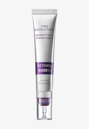 Hopeinen Missha Time Revolution Retinol 4000 IU Shot Intensive Cream -putkilo, jossa kirkas violettiin vivahtava pumppudispenser, 25 ml.