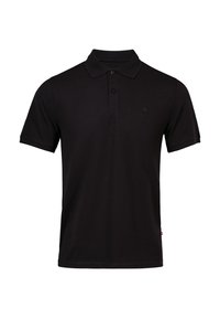 Svart polo t-shirt i bomull. Har krage, korta ärmar, placket med två knappar och en liten logotyp på bröstet.