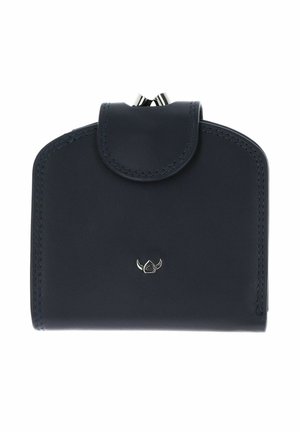 Porte-monnaie en cuir noir avec fermoir métallique, bords arrondis, détails cousus et un petit logo argenté centré à l'avant.