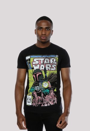 Svart bomull t-skjorte med et fargerikt «Star Wars»-grafikktrykk, som viser en karakter som holder et våpen med sterke konturer og detaljer.