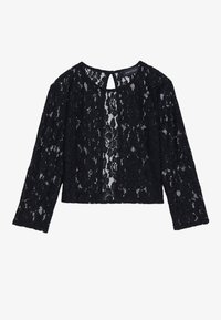 Blouse noire en dentelle à manches longues, courte, avec motif floral et fermeture à l'encolure en forme de trou de serrure, étiquetée "ANNA FIELD".