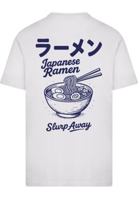 White t-shirt featuring a blue graphic of a ramen bowl with noodles, eggs, and chopsticks. Text reads "ラーメン Japanese Ramen Slurp Away."