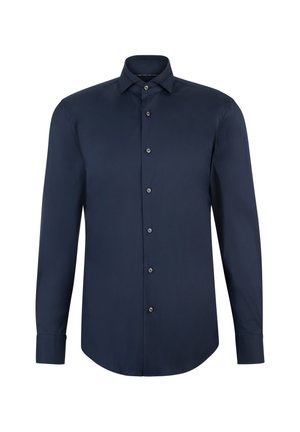 Navy blue long-sleeve button-up shirt, made of smooth fabric, featuring a pointed collar, front placket with six buttons, and rounded hem.