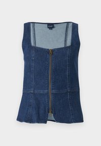 Donzen mouwloze top in donkerblauw met een vierkante halslijn, een rits aan de voorkant en een uitlopende zoom. Bevalt contrasterende lichter gekleurde stofaccenten.