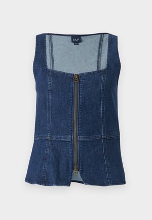 Top en denim sans manches de couleur bleu foncé avec un encolure carrée, fermeture éclair à l'avant et ourlet évasé. Présente des accents en tissu plus clair contrastants.