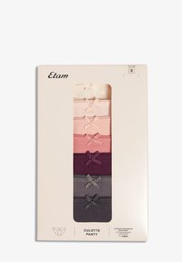 Ensemble de cinq culottes en coton dans des tons crème, rose, violet et gris. Chacune est ornée d'une bordure en dentelle et d'un nœud décoratif. Emballé dans une boîte.