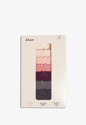 Confezione da cinque mutande in cotone di colori assortiti: crema, rosa chiaro, rosa scuro, viola e grigio. Ognuna presenta un fiocco decorativo.