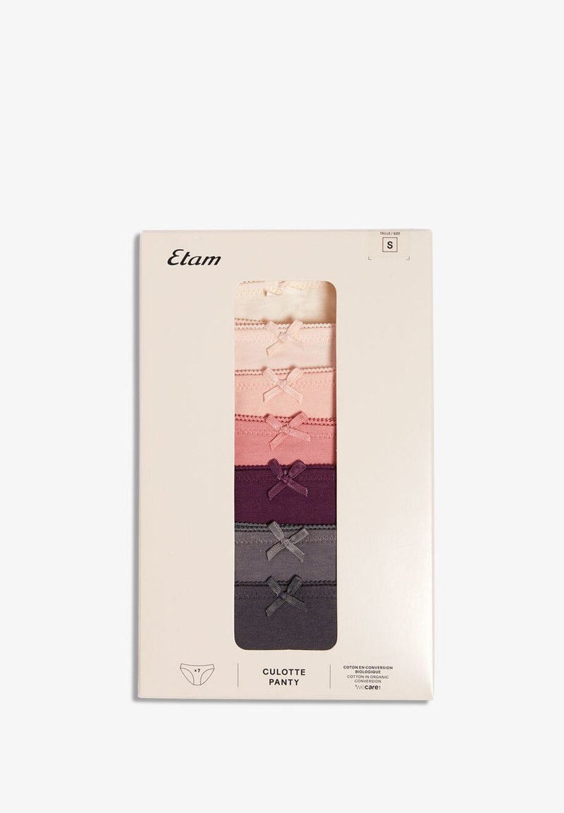 Zestaw pięciu bawełnianych majtek w różnych kolorach: kremowym, jasnoróżowym, ciemnoróżowym, fioletowym i szarym. Każdy model zdobiony jest dekoracyjną kokardką.