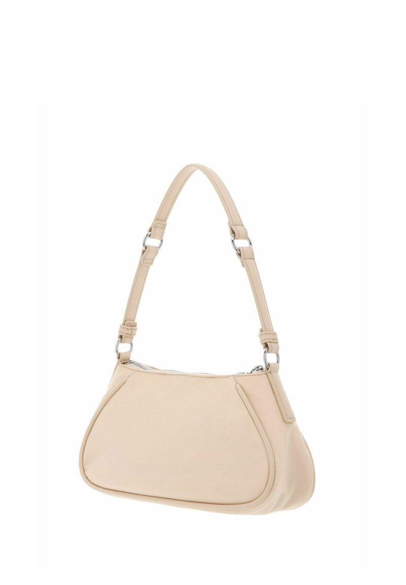 Beige leather shoulder bag with silver hardware and adjustable strap, featuring a zipper closure on top.