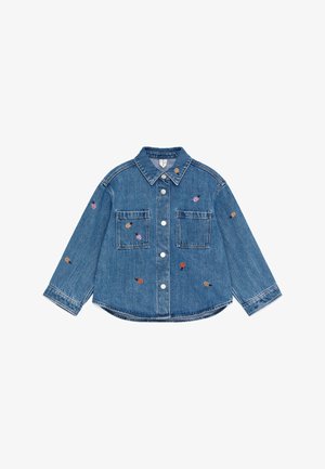 Kids' blue denim button-up jacket with long sleeves, two front pockets, and small colorful embroidered ladybugs as decoration.