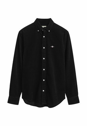 Zwarte corduroy shirt met een button-down kraag, witte knoppen en een klein geborduurd logo op de borst. Lange mouwen met knoopmanchetten.