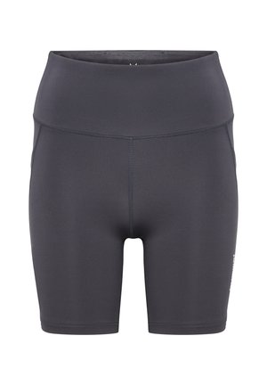 Mørkegrå sportsbukser med høj talje, lavet af strækbart materiale, med flade sømme og et lille logo på siden.